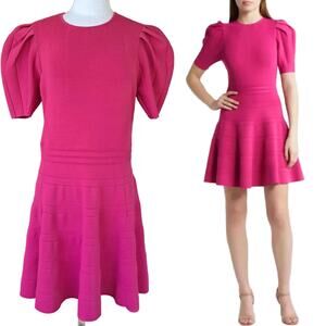 TED BAKER Velvey Pink Puff Sleeve Dress Size 12 Large Fit & Flare